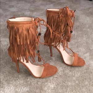 Fringe open toe lace up booties
